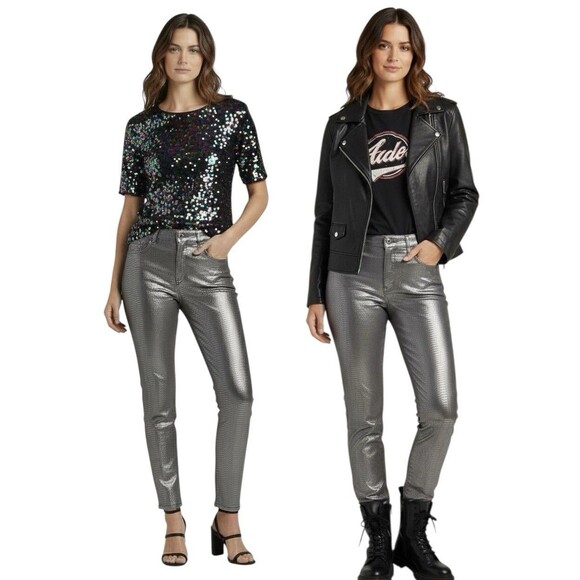 Chico's Pants - Chicos Size 3 16 Womens So Slimming Girlfriend Coated Silver Gator Ankle Jeans